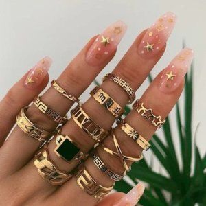 13 Piece Ring Set Boho Stackable Gold Plated Vintage Star Chain Gemstone Carved